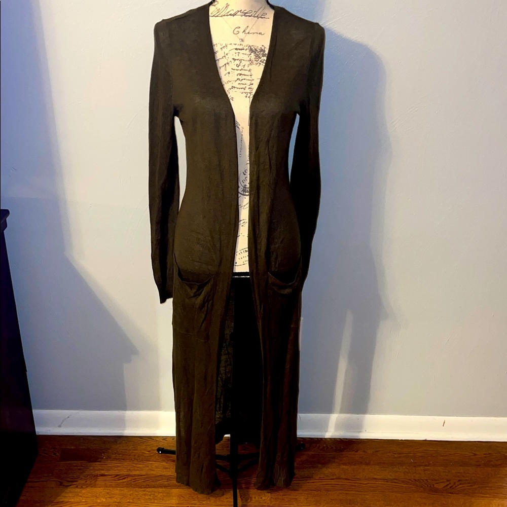 Forever 21 Olive Green Longline Open Front Cardigan with Pockets Women’s Small